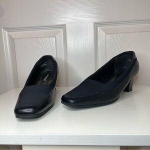 Black square toe pumps